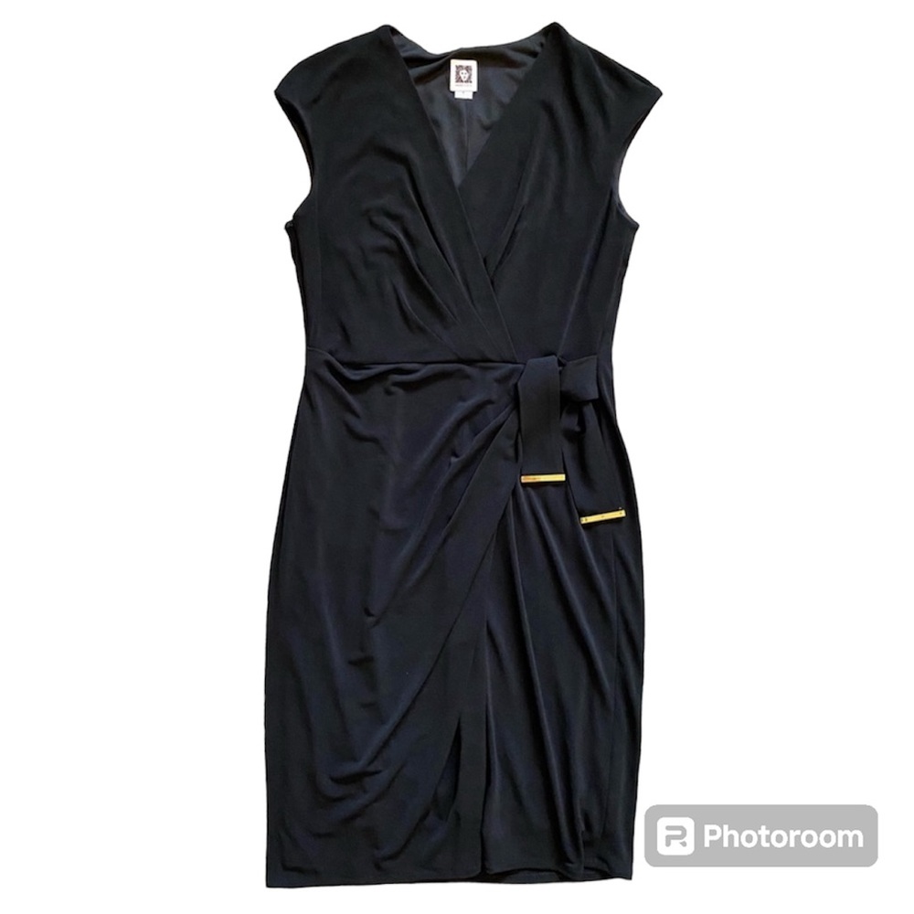 Anne Klein Women’s Black Midi Faux Wrap Sleeveless V-Neck Dress Size 6